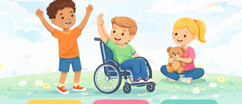 Three smiling children — one standing, one in a wheelchair, and one sitting with a teddy bear — on a grassy meadow under a soft cloudy sky